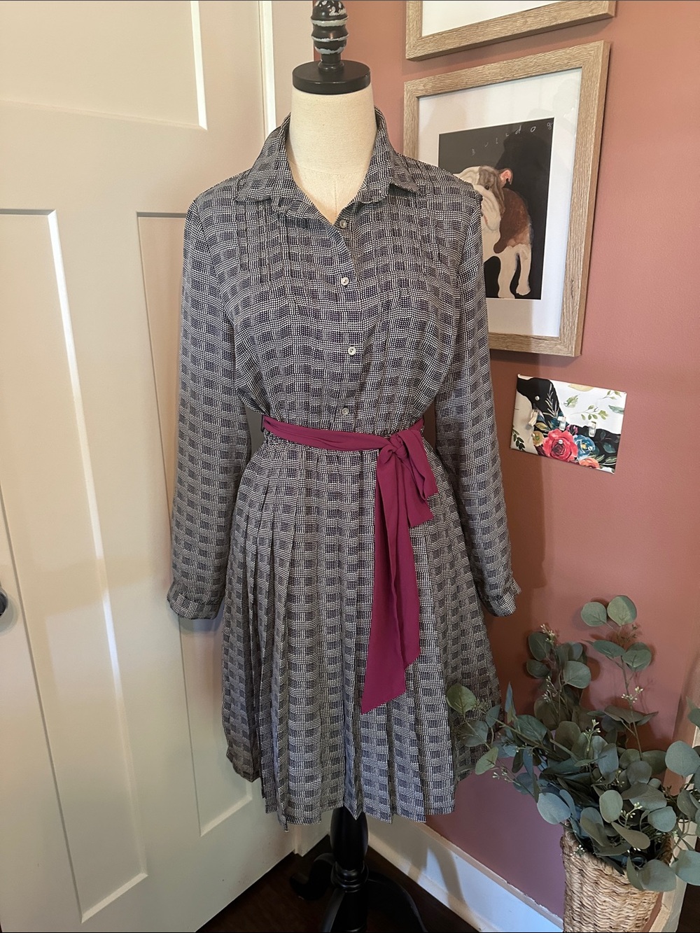 Anthropologie Isabella Sinclair M Refined Rugby pleated Plaid sash Shirt dress